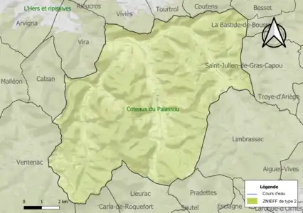 Carte de la ZNIEFF de type 2 sur la commune.