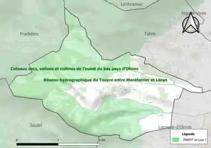 Carte des ZNIEFF de type 1 sur la commune.