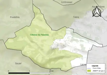 Carte de la ZNIEFF de type 2 sur la commune.