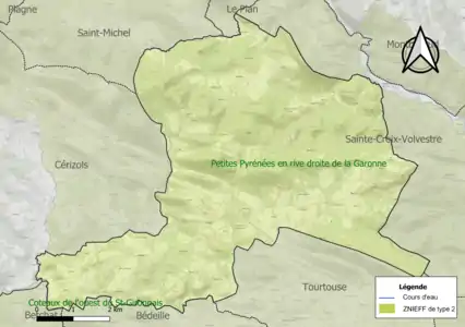 Carte de la ZNIEFF de type 2 sur la commune.