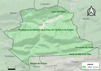 Carte des ZNIEFF de type 1 sur la commune.