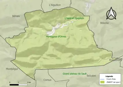 Carte des ZNIEFF de type 2 sur la commune.