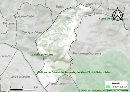 Carte des ZNIEFF de type 1 sur la commune.