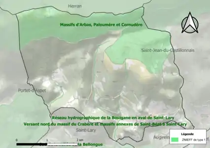 Carte des ZNIEFF de type 1 sur la commune.