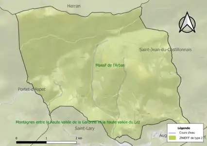 Carte de la ZNIEFF de type 2 sur la commune.