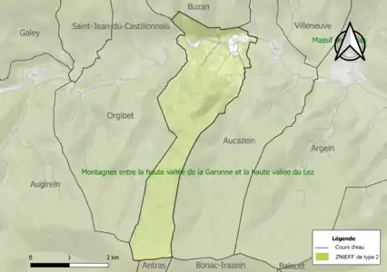 Carte des ZNIEFF de type 2 sur la commune.