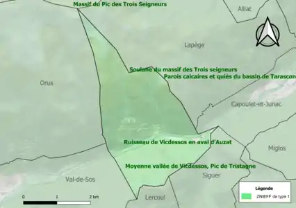 Carte des ZNIEFF de type 1 sur la commune.