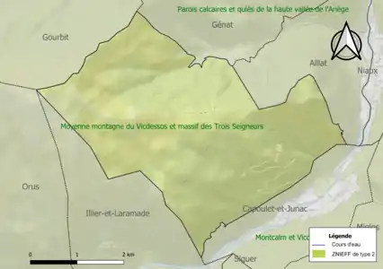 Carte de la ZNIEFF de type 2 sur la commune.