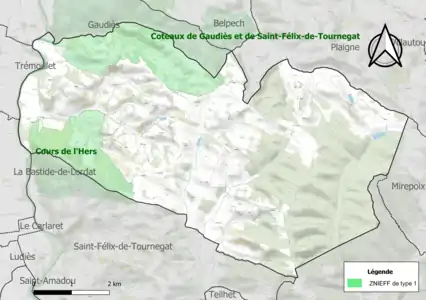 Carte des ZNIEFF de type 1 sur la commune.