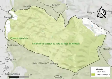 Carte des ZNIEFF de type 2 sur la commune.