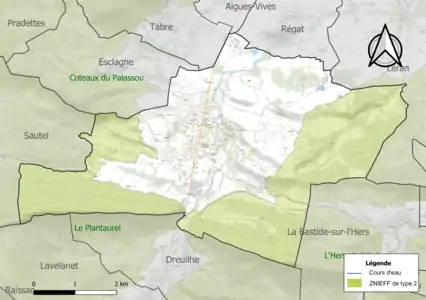 Carte des ZNIEFF de type 2 sur la commune.