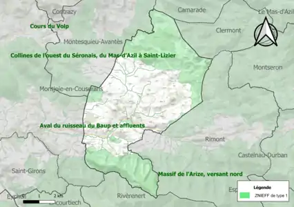 Carte des ZNIEFF de type 1 sur la commune.