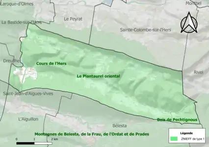 Carte des ZNIEFF de type 1 sur la commune.