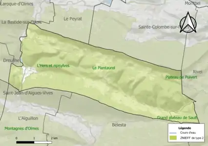 Carte des ZNIEFF de type 2 sur la commune.