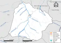 Carte en couleur présentant le réseau hydrographique de la commune