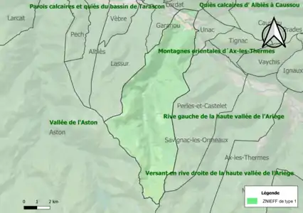 Carte des ZNIEFF de type 1 sur la commune.