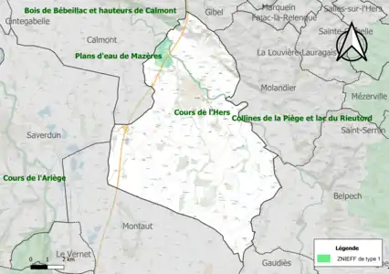 Carte des ZNIEFF de type 1 sur la commune.