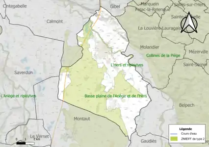 Carte des ZNIEFF de type 2 sur la commune.