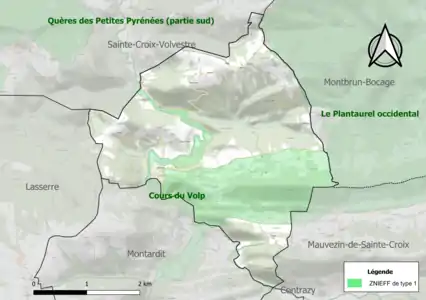 Carte des ZNIEFF de type 1 sur la commune.