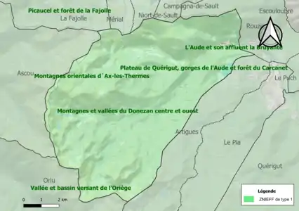 Carte des ZNIEFF de type 1 sur la commune.