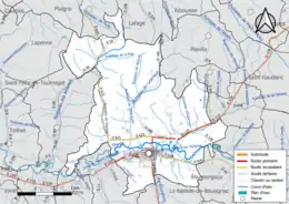 Carte en couleur présentant le réseau hydrographique de la commune