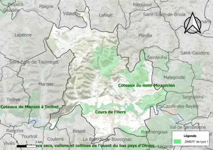 Carte des ZNIEFF de type 1 sur la commune.