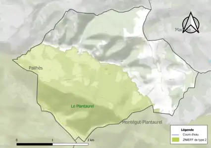 Carte de la ZNIEFF de type 2 sur la commune.