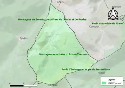 Carte des ZNIEFF de type 1 sur la commune.