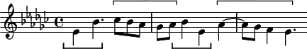 
\version "2.18.2"
\header {
  tagline = ##f
}
\score {
  \new Staff \with {
  }
<<
  \relative c'' {
    \clef treble 
    \key ees \minor
    \time 4/4
     %% SUJET fugue CBT I-8, BWV 853, ré-dièse mineur
    \stemDown ees,4_\markup { \stencil #(ly:bracket X '(-2 . 6) 0.2 1) } bes'4. \[ ces8 bes aes | ges aes \]  bes4_\markup { \stencil #(ly:bracket X '(-2 . 6) 0.2 1) } ees, \[ aes~ aes8 ges f4 ees4. \]
  }
>>
  \layout {
     \context { \Score \remove "Metronome_mark_engraver" 
     \consists "Horizontal_bracket_engraver"
     %\override SpacingSpanner.common-shortest-duration = #(ly:make-moment 1/2) 
}
  }
  \midi {} 
}
