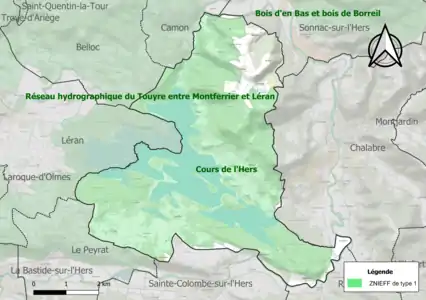 Carte des ZNIEFF de type 1 sur la commune.