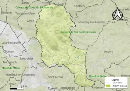 Carte des ZNIEFF de type 2 sur la commune.