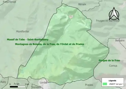 Carte des ZNIEFF de type 1 sur la commune.