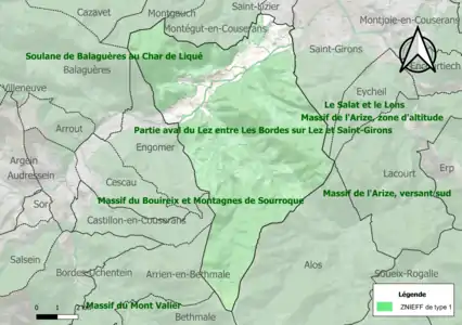 Carte des ZNIEFF de type 1 sur la commune.