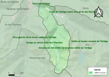 Carte des ZNIEFF de type 1 sur la commune.