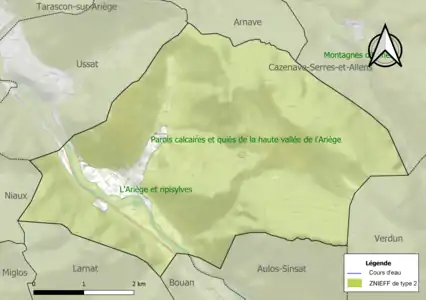 Carte des ZNIEFF de type 2 sur la commune.