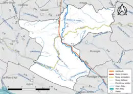 Carte en couleur présentant le réseau hydrographique de la commune