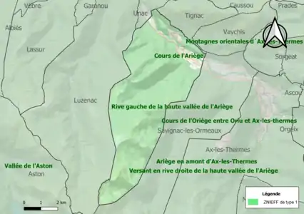 Carte des ZNIEFF de type 1 sur la commune.