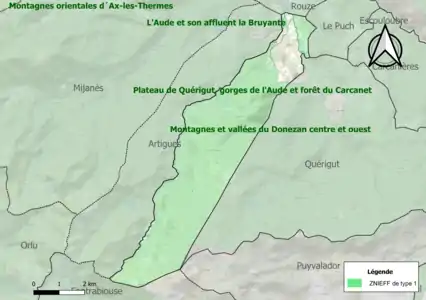 Carte des ZNIEFF de type 1 sur la commune.