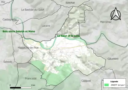 Carte des ZNIEFF de type 1 sur la commune.