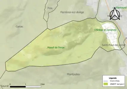 Carte des ZNIEFF de type 2 sur la commune.