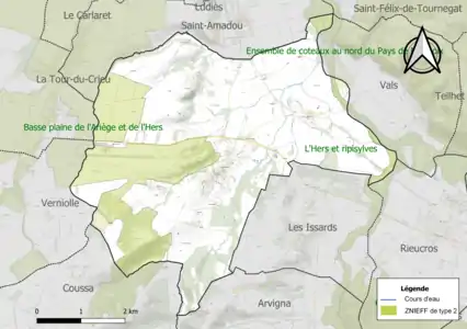 Carte des ZNIEFF de type 2 sur la commune.