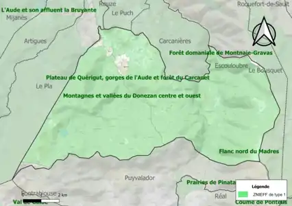 Carte des ZNIEFF de type 1 sur la commune.