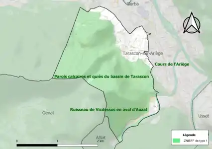 Carte des ZNIEFF de type 1 sur la commune.