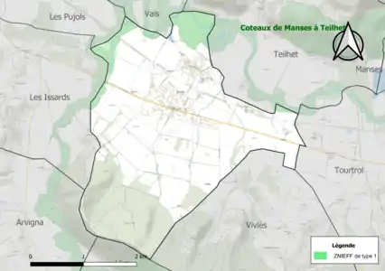 Carte de la ZNIEFF de type 1 sur la commune.