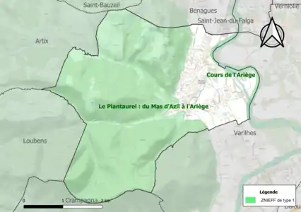 Carte des ZNIEFF de type 1 sur la commune.