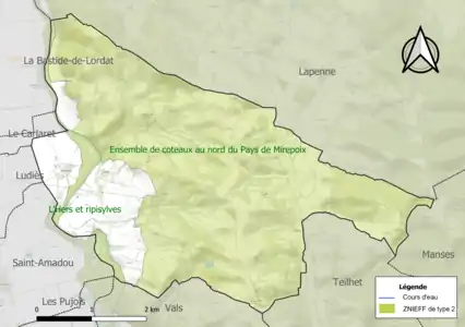 Carte des ZNIEFF de type 2 sur la commune.