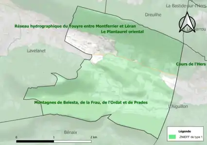 Carte des ZNIEFF de type 1 sur la commune.