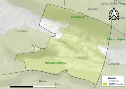 Carte des ZNIEFF de type 2 sur la commune.