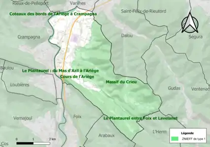 Carte des ZNIEFF de type 1 sur la commune.