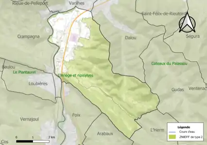 Carte des ZNIEFF de type 2 sur la commune.